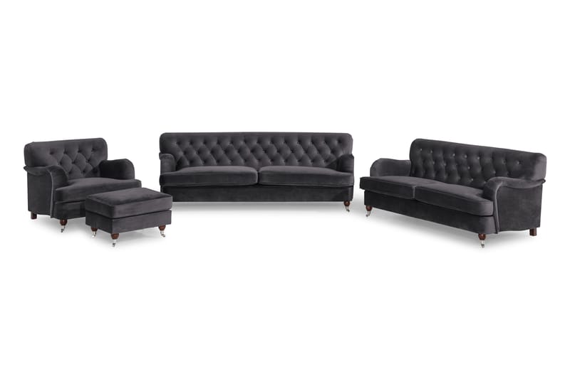 Howard Riviera Soffgrupp Svängd 3-sits + 2-sits Soffa + Fåtölj + Fotpall i Sammet, Mörkgrå