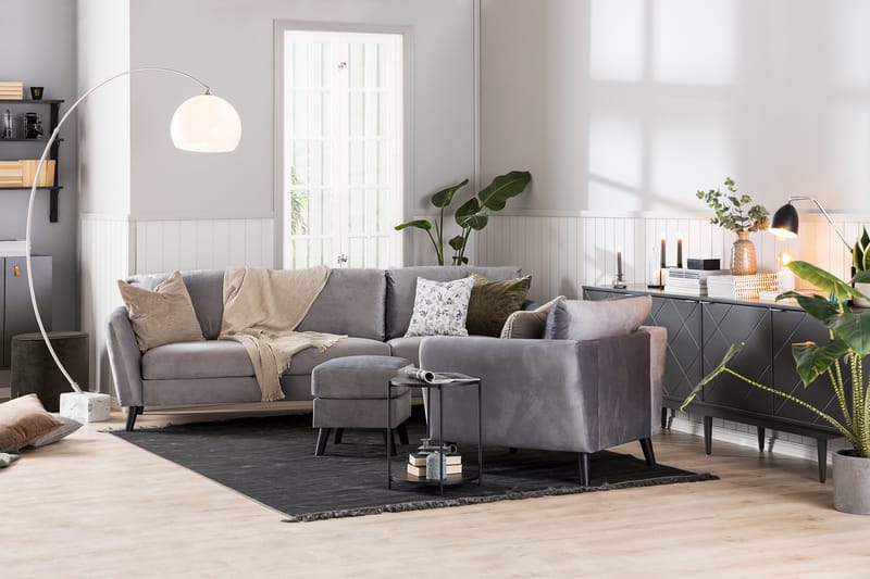 Trend Soffgrupp 3-sits + 2-sits Soffa + Fåtölj + Fotpall i Sammet - Ljusgrå - Products - Möbler - Soffa - Soffgrupp