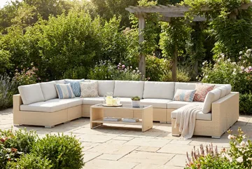 Bahamas U-formad utomhus loungegrupp med öppet avslut, 9-sits med bord och hylla - Beige - Products - Utemöbler & utemiljö - Loungemöbler - Loungeset & loungegrupp