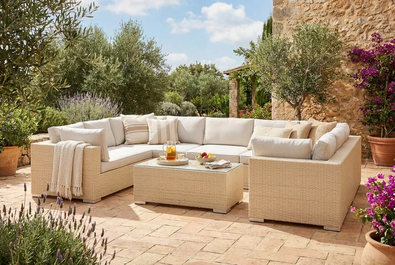 Bahamas U-formad utomhus loungegrupp med stängt avslut, 9-sits med bord - Beige - Products - Utemöbler & utemiljö - Loungemöbler - Loungeset & loungegrupp