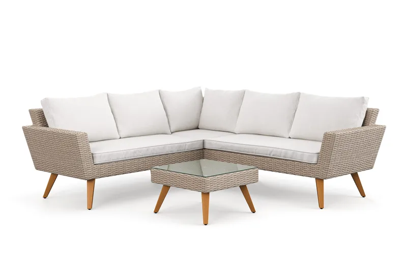 Karlskrona 5-sits Loungegrupp utomhus med vita dynor soffbord i konstrotting med glasskiva, Brun