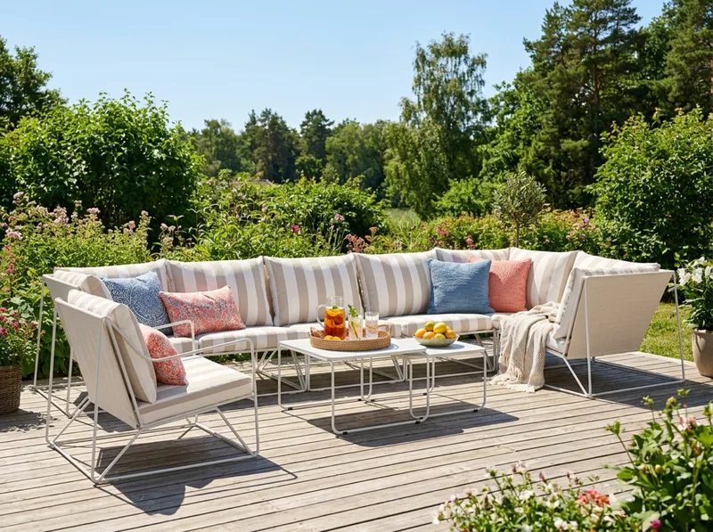 Usteryd utomhus hörnsoffa 7-sits vändbar med fåtölj - Beige/Striped - Products - Utemöbler & utemiljö - Loungemöbler - Loungeset & loungegrupp