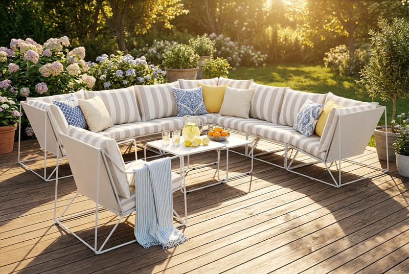 Usteryd utomhus hörnsoffa 8-sits vändbar med fåtölj - Beige/Striped - Products - Utemöbler & utemiljö - Loungemöbler - Loungeset & loungegrupp