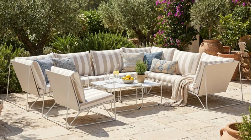 Usteryd utomhus L-soffa 7-sits vändbar med fåtölj - Beige/Striped - Products - Utemöbler & utemiljö - Loungemöbler - Loungesoffor
