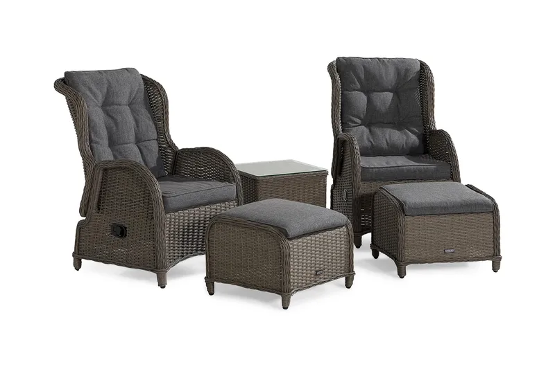 Marcus Caféset med 2 Reclinerfåtöljer Utomhus m Dyna, Grå