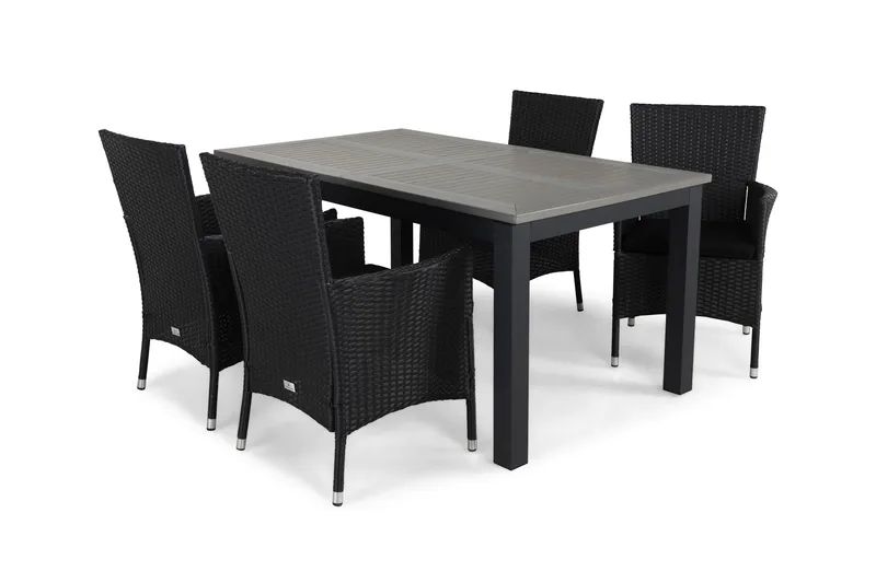 Monaco Matgrupp Utomhus 152-210 + 4 Thor Fåtölj m Dyna, Svart/Svart/Svart