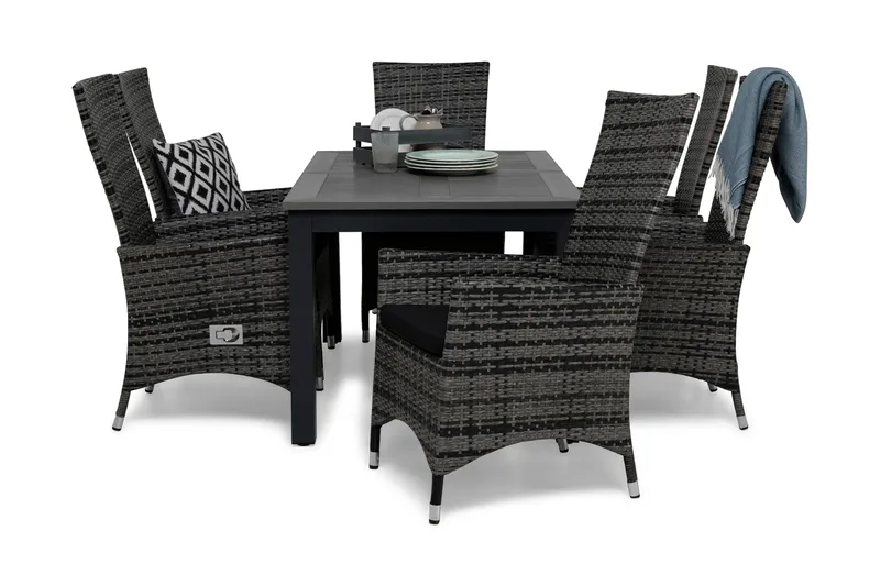 Monaco Matgrupp Utomhus 152-210 + 6 Jenny Ställbar Fåtölj m Dyna, Grå/Svart