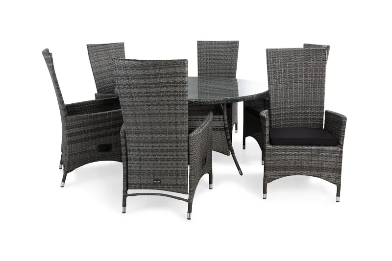 Thor Matgrupp Utomhus Ø140 + 6 Jenny Ställbar Fåtölj m Dyna, Grå/Grå/Svart