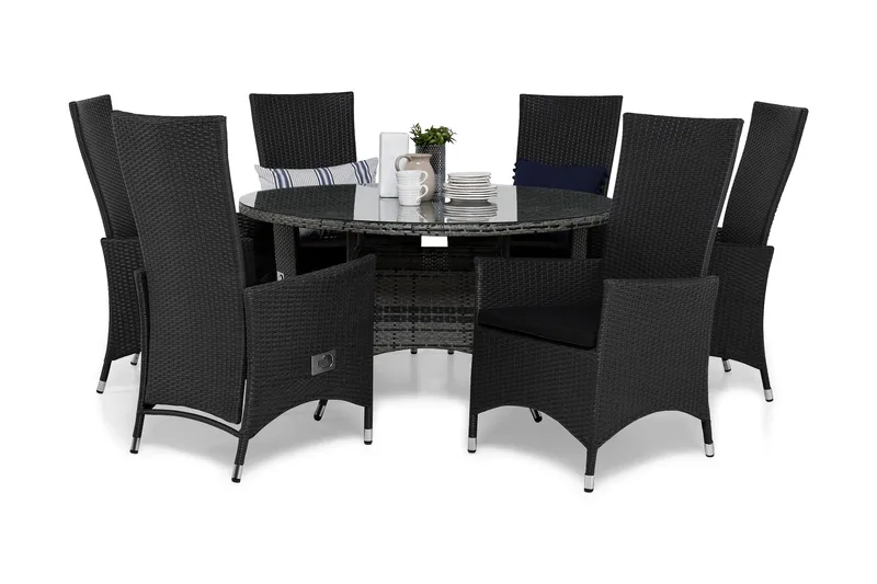 Thor Matgrupp Utomhus Ø140 + 6 Jenny Ställbar Fåtölj m Dyna, Grå/Svart