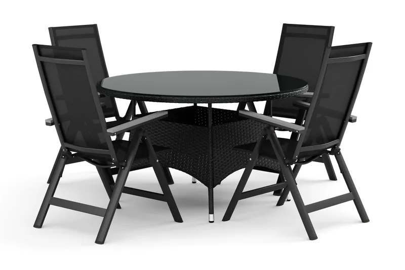 Thor utomhus rund matgrupp 140 cm med 4 Monaco Light positionsstolar, Svart