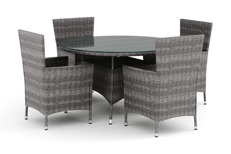 Thor utomhus rund matgrupp 140 cm med 4 Thor utefåtöljer, Grå