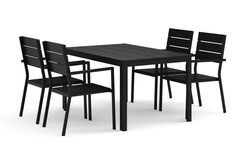 Tunis utomhus matgrupp 140x90 cm med 4 Tunis stapelstolar, Svart/Svart