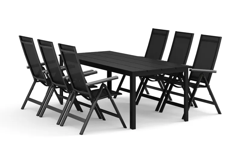 Tunis utomhus matgrupp 205x90 cm med 6 Monaco Light positionsstolar, Svart/Svart