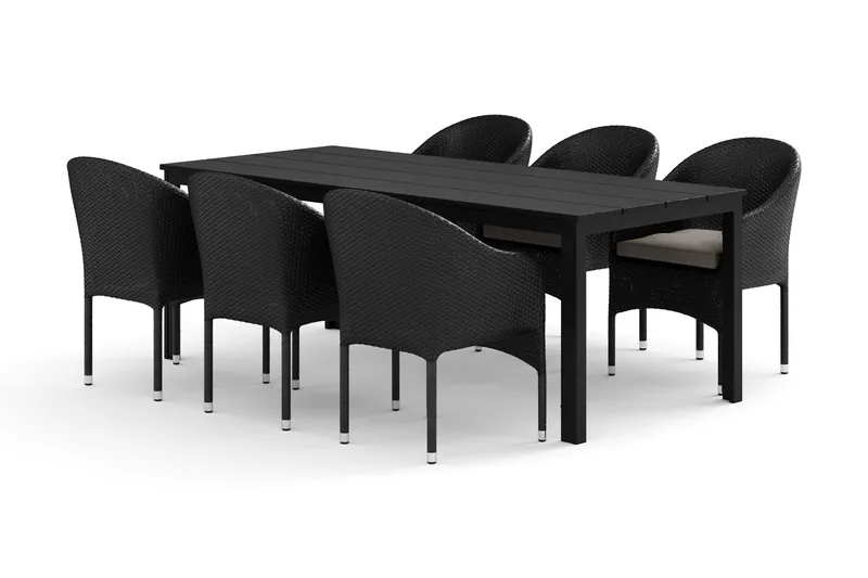 Tunis utomhus matgrupp 205x90 cm med 6 Thor fåtöljer, Svart/Svart