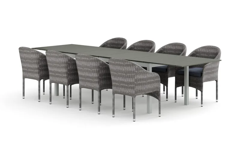 Tunis utomhus matgrupp förlängningsbart 205/305x90 cm med 8 Thor fåtöljer, Vit/Grå